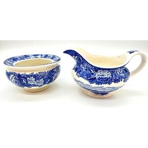 Vintage Enoch Wood's English Scenery Creamer Sugar Set Wood & Sons Blue White